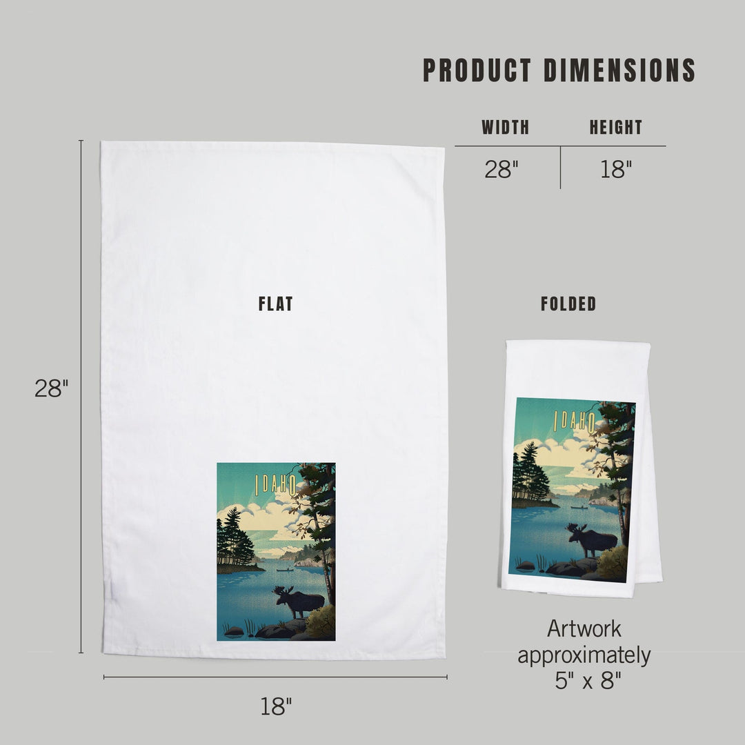 Idaho, Moose and Lake Lithograph, Organic Cotton Kitchen Tea Towels Kitchen Lantern Press