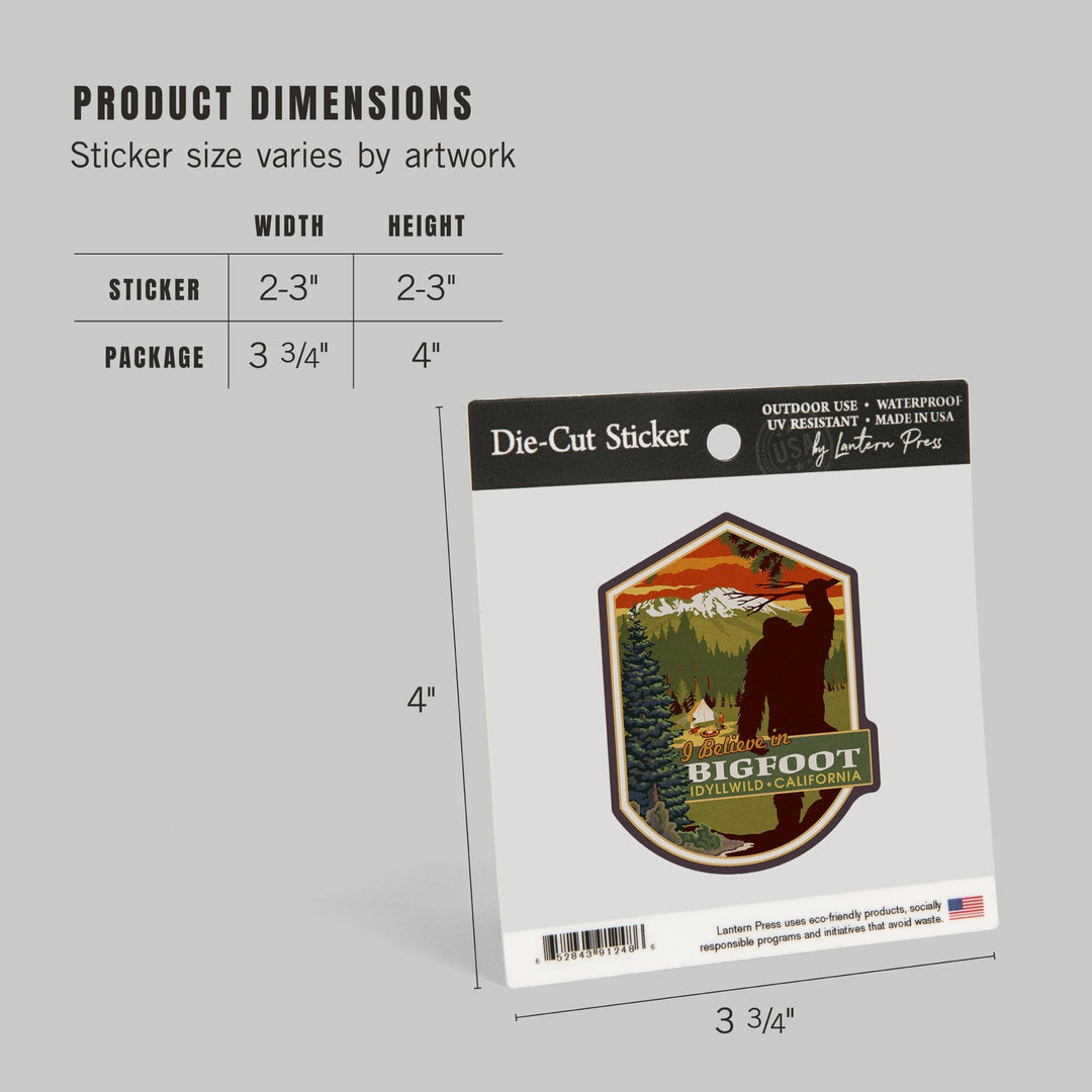 Idyllwild, California, I Believe, Bigfoot, Contour, Lantern Press Artwork, Vinyl Sticker - Lantern Press