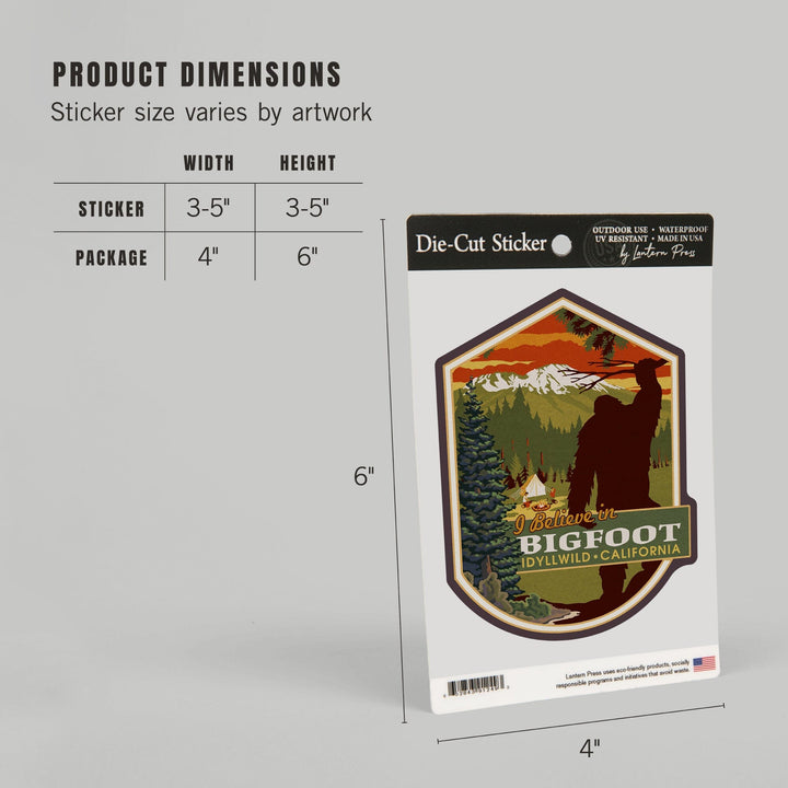 Idyllwild, California, I Believe, Bigfoot, Contour, Lantern Press Artwork, Vinyl Sticker - Lantern Press