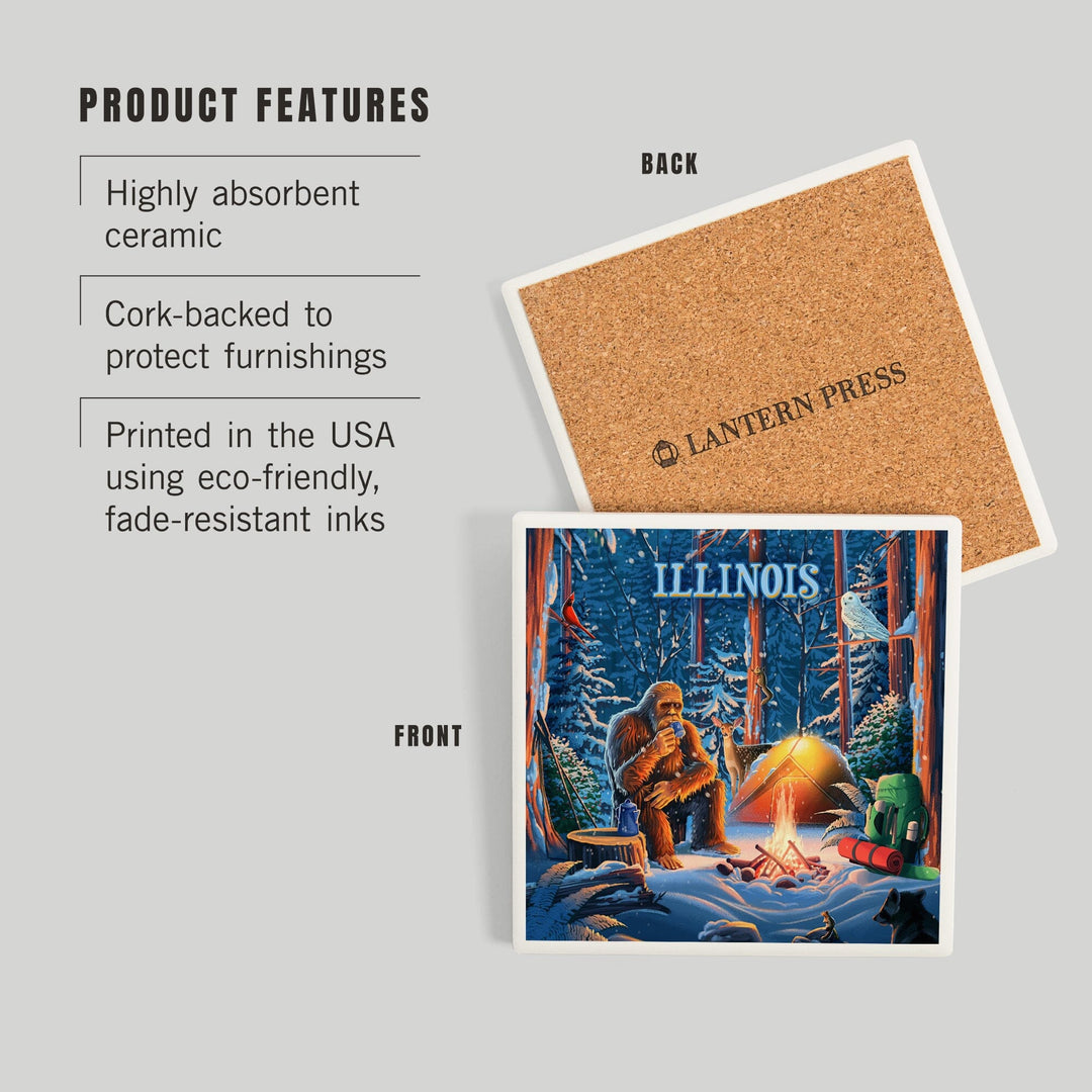 Illinois, Find Your Inner Squatch, Camping Bigfoot, Coasters Coasters Lantern Press