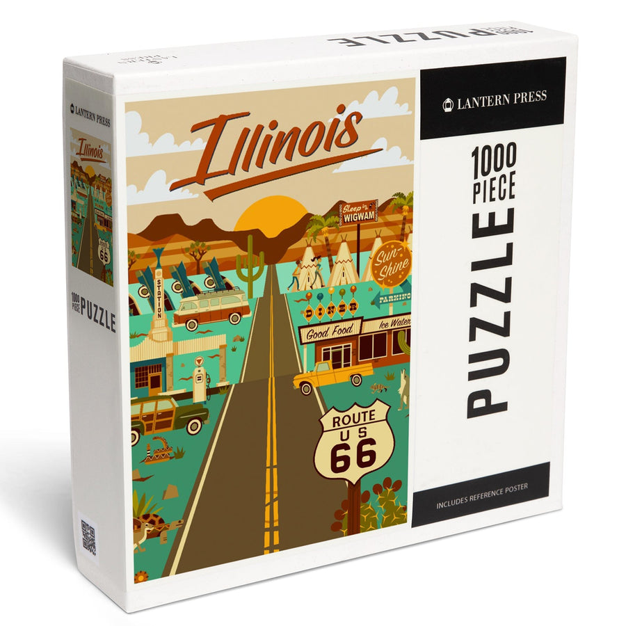 Illinois, Route 66, Geometric, Jigsaw Puzzle Puzzle Lantern Press