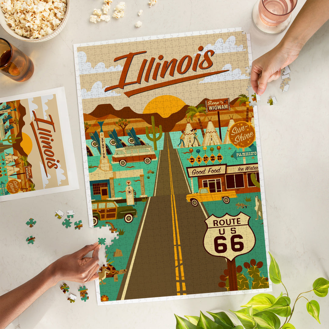 Illinois, Route 66, Geometric, Jigsaw Puzzle Puzzle Lantern Press