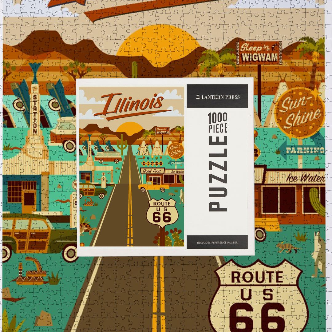 Illinois, Route 66, Geometric, Jigsaw Puzzle Puzzle Lantern Press