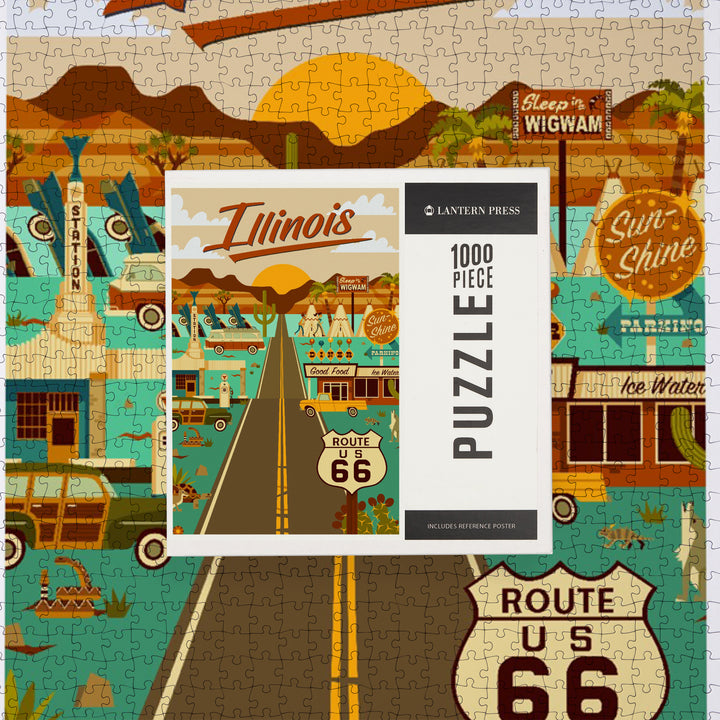 Illinois, Route 66, Geometric, Jigsaw Puzzle Puzzle Lantern Press