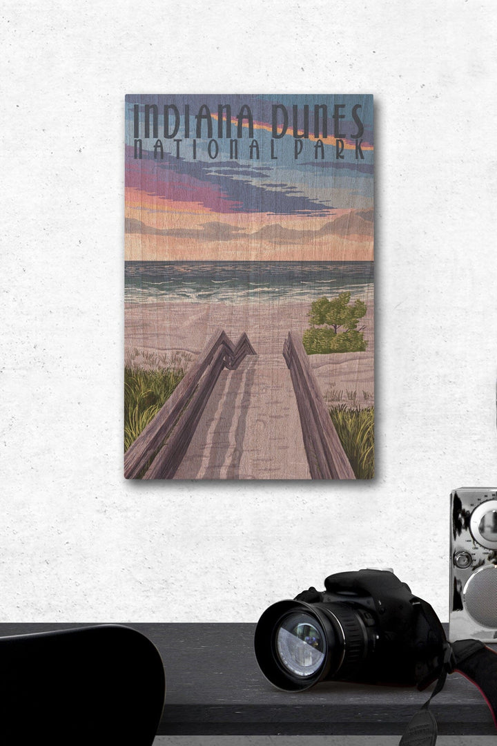 Indiana Dunes National Park, Lake Michigan, Beach Boardwalk Scene, Lantern Press Artwork, Wood Signs and Postcards - Lantern Press