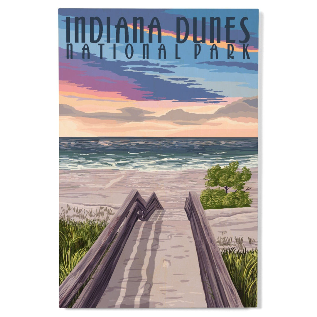 Indiana Dunes National Park, Lake Michigan, Beach Boardwalk Scene, Lantern Press Artwork, Wood Signs and Postcards - Lantern Press