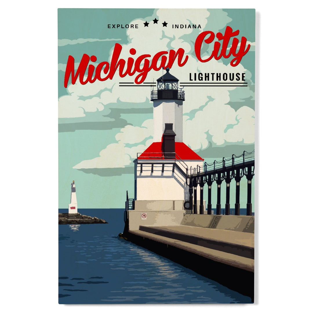 Indiana, Michigan City Lighthouse and Pier, Lantern Press Artwork, Wood Signs and Postcards - Lantern Press