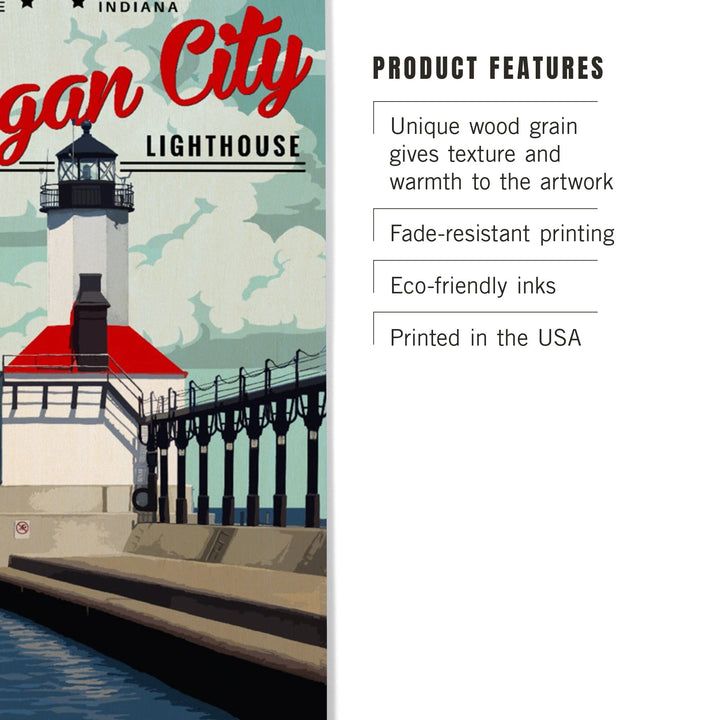 Indiana, Michigan City Lighthouse and Pier, Lantern Press Artwork, Wood Signs and Postcards - Lantern Press