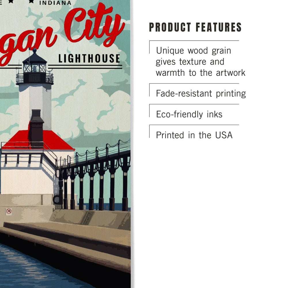 Indiana, Michigan City Lighthouse and Pier, Lantern Press Artwork, Wood Signs and Postcards - Lantern Press