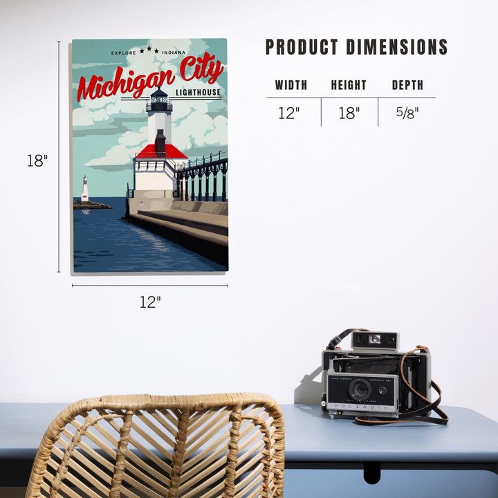 Indiana, Michigan City Lighthouse and Pier, Lantern Press Artwork, Wood Signs and Postcards - Lantern Press