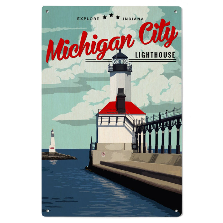 Indiana, Michigan City Lighthouse and Pier, Lantern Press Artwork, Wood Signs and Postcards - Lantern Press