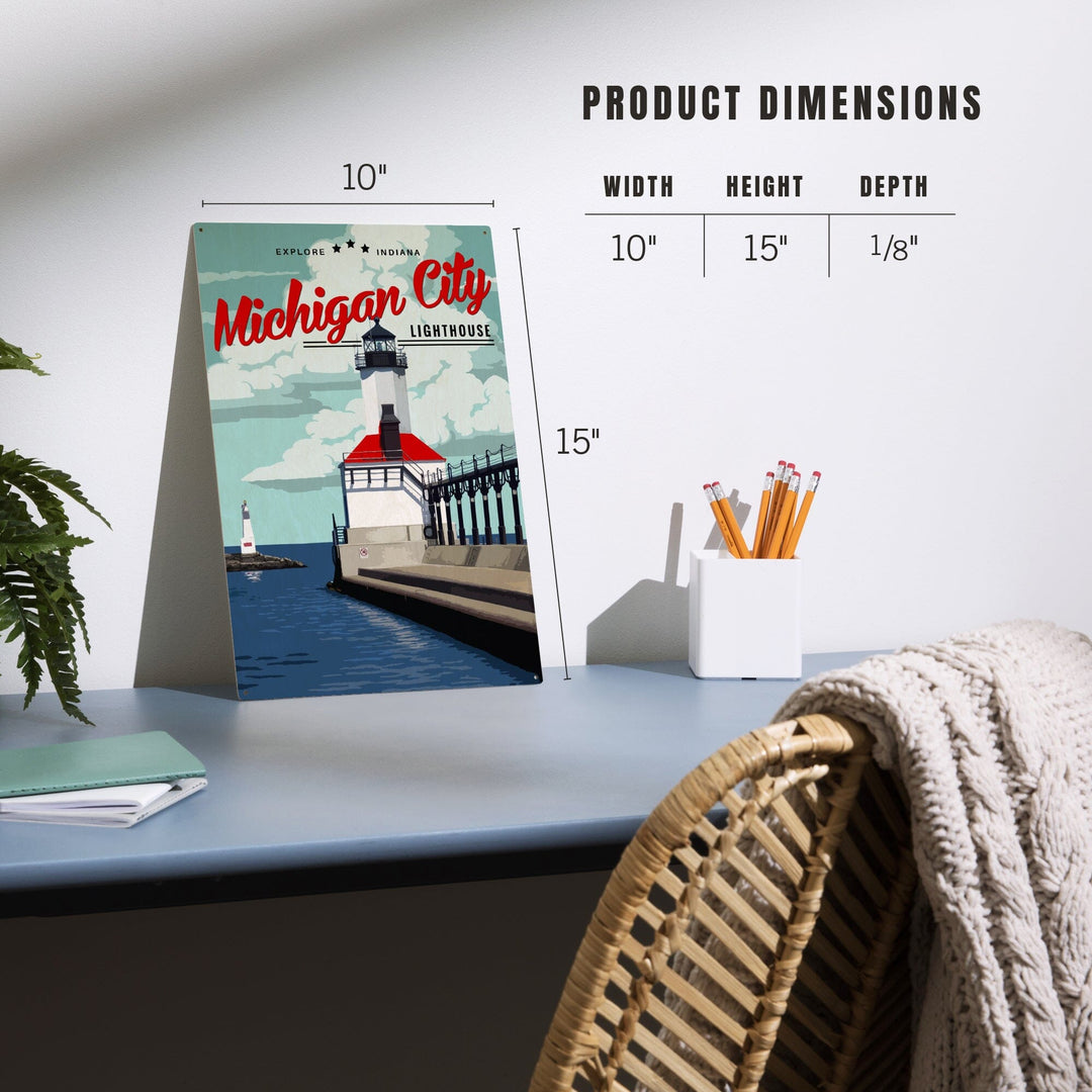 Indiana, Michigan City Lighthouse and Pier, Lantern Press Artwork, Wood Signs and Postcards - Lantern Press