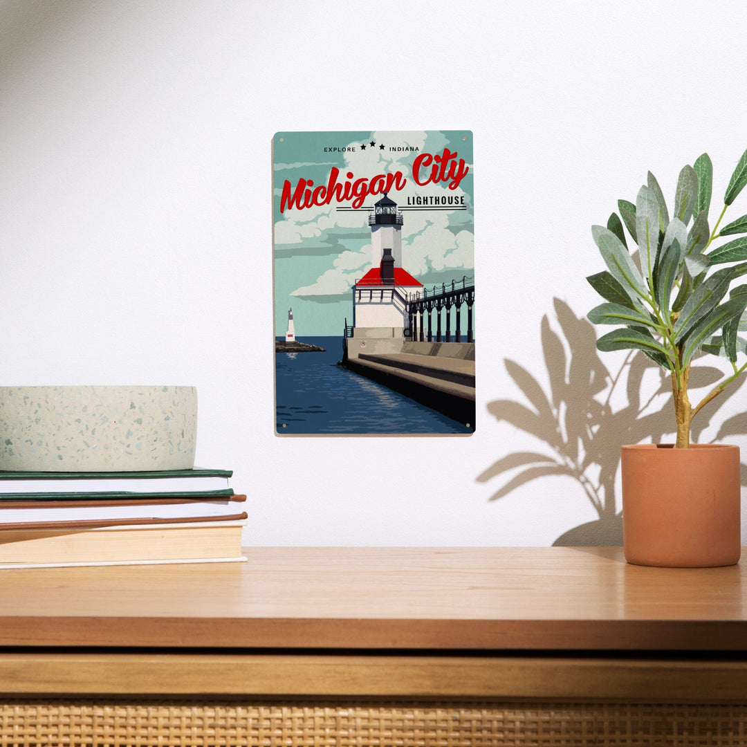 Indiana, Michigan City Lighthouse and Pier, Lantern Press Artwork, Wood Signs and Postcards - Lantern Press