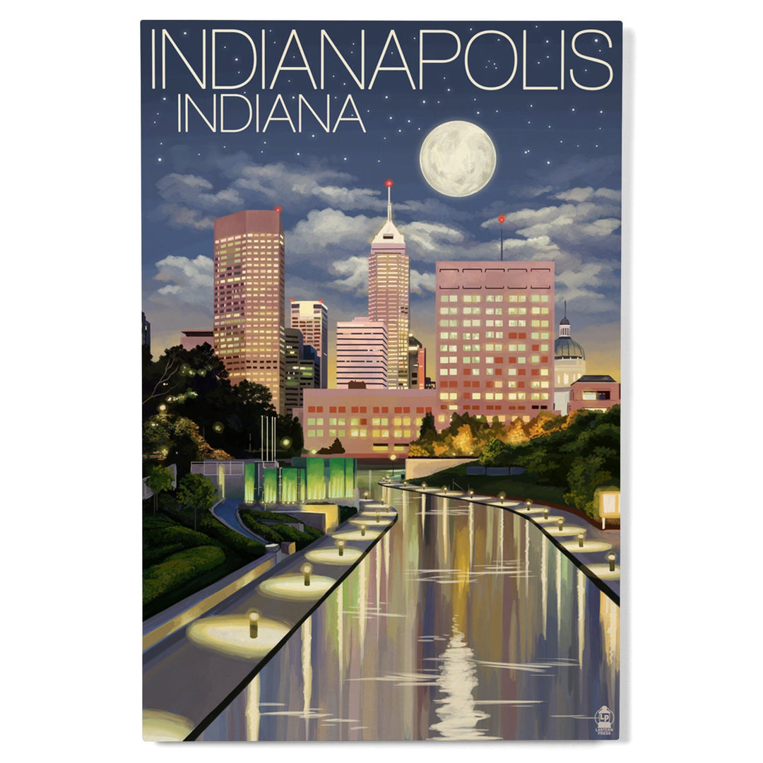 Indianapolis, Indiana, Indianapolis at Night, Lantern Press Artwork, Wood Signs and Postcards - Lantern Press