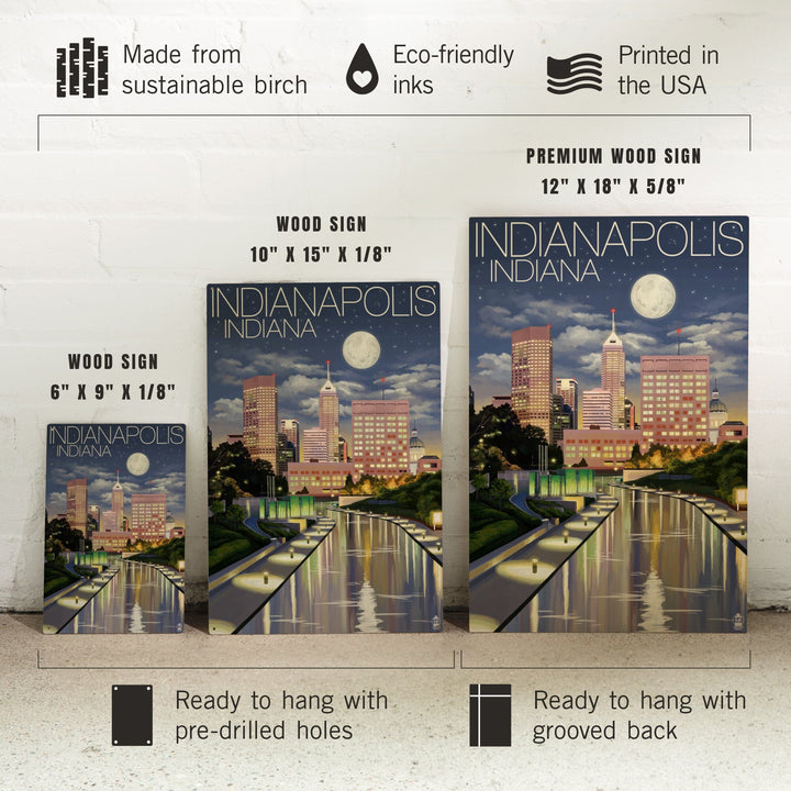Indianapolis, Indiana, Indianapolis at Night, Lantern Press Artwork, Wood Signs and Postcards - Lantern Press