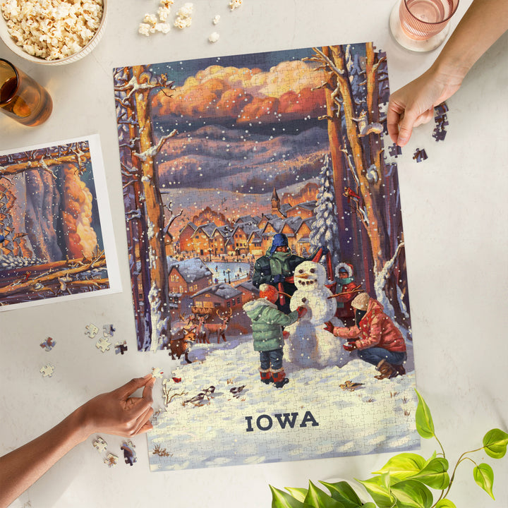 Iowa, Merry and Bright, Vintage Snowman, Jigsaw Puzzle Puzzle Lantern Press