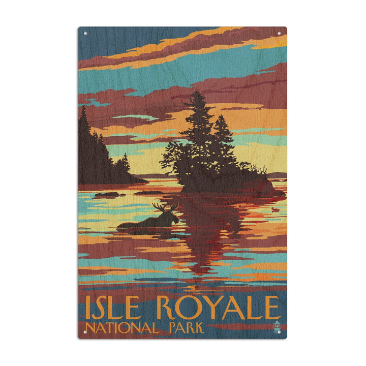 Isle Royale National Park, Michigan, Moose Swimming at Sunset, Lantern Press Artwork, Wood Signs and Postcards - Lantern Press