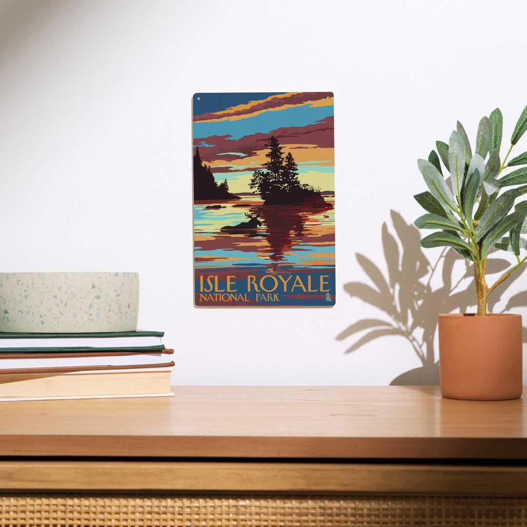 Isle Royale National Park, Michigan, Moose Swimming at Sunset, Lantern Press Artwork, Wood Signs and Postcards - Lantern Press