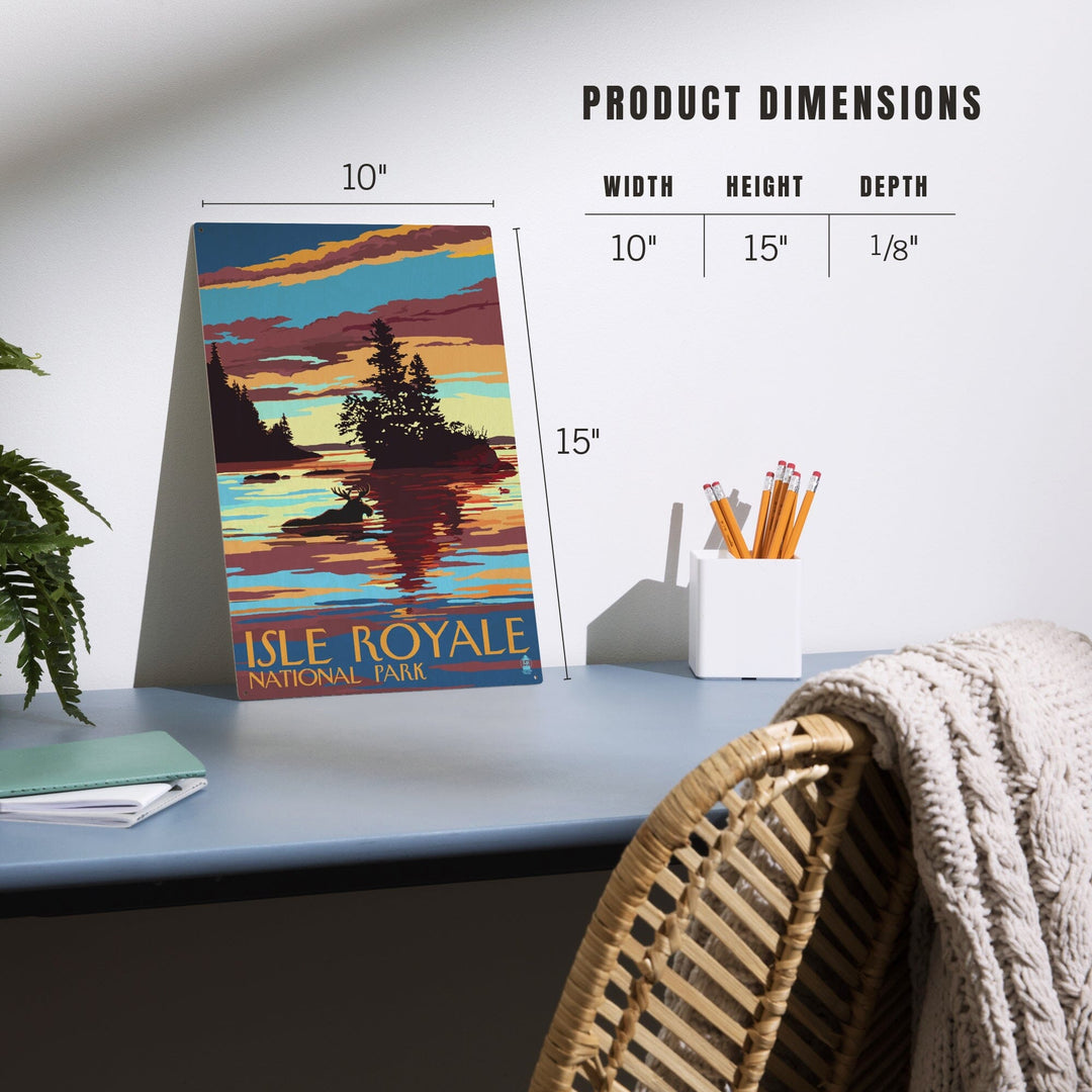 Isle Royale National Park, Michigan, Moose Swimming at Sunset, Lantern Press Artwork, Wood Signs and Postcards - Lantern Press