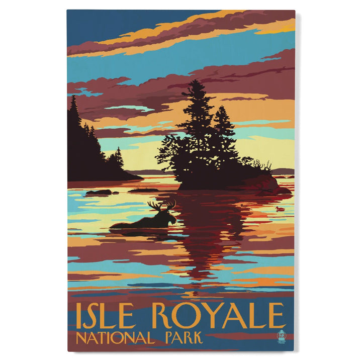Isle Royale National Park, Michigan, Moose Swimming at Sunset, Lantern Press Artwork, Wood Signs and Postcards - Lantern Press