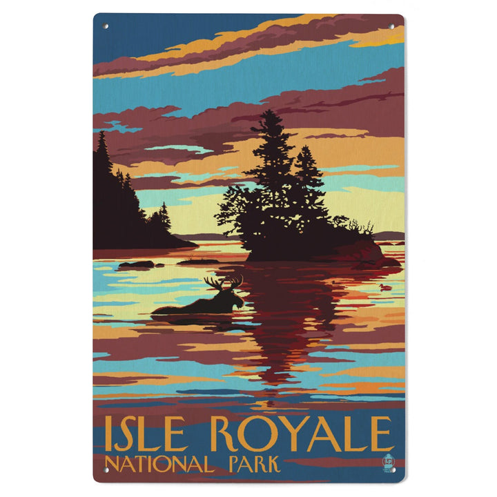 Isle Royale National Park, Michigan, Moose Swimming at Sunset, Lantern Press Artwork, Wood Signs and Postcards - Lantern Press