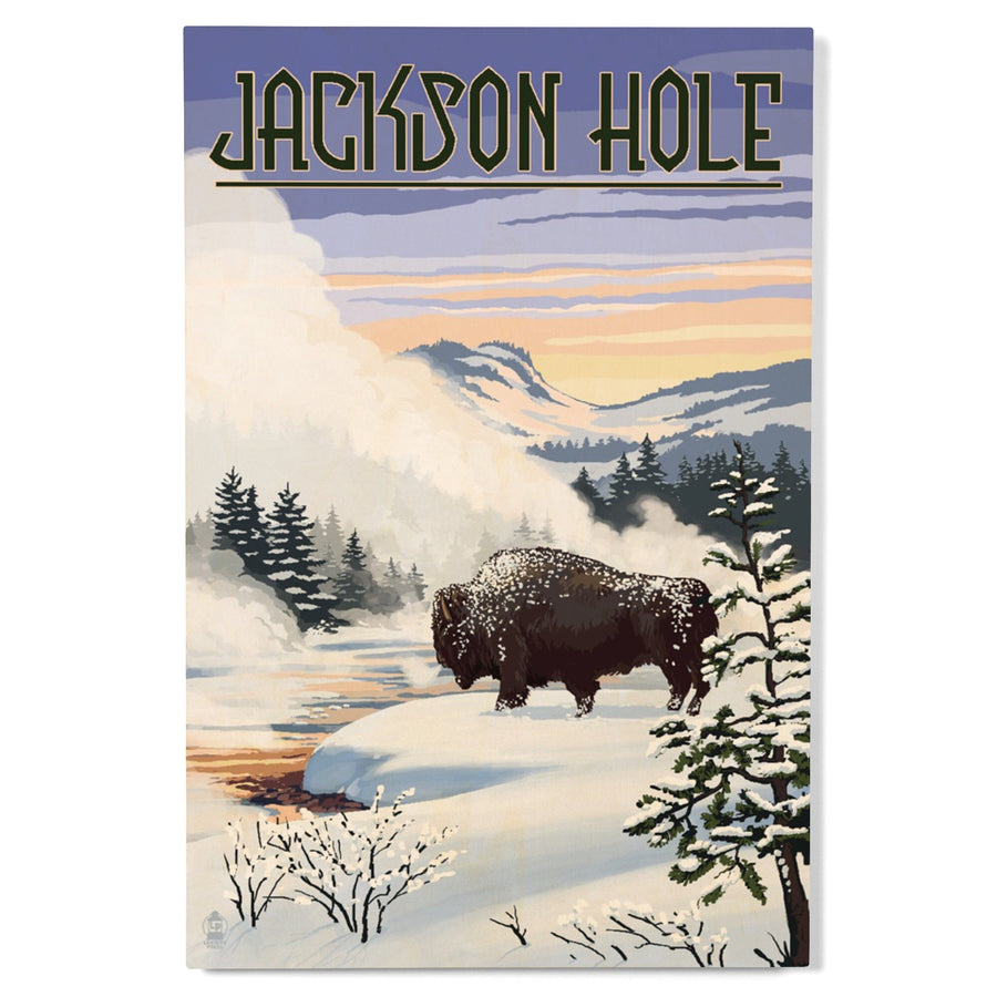 Jackson Hole, Wyoming, Bison Snow Scene, Lantern Press Artwork, Wood Signs and Postcards - Lantern Press