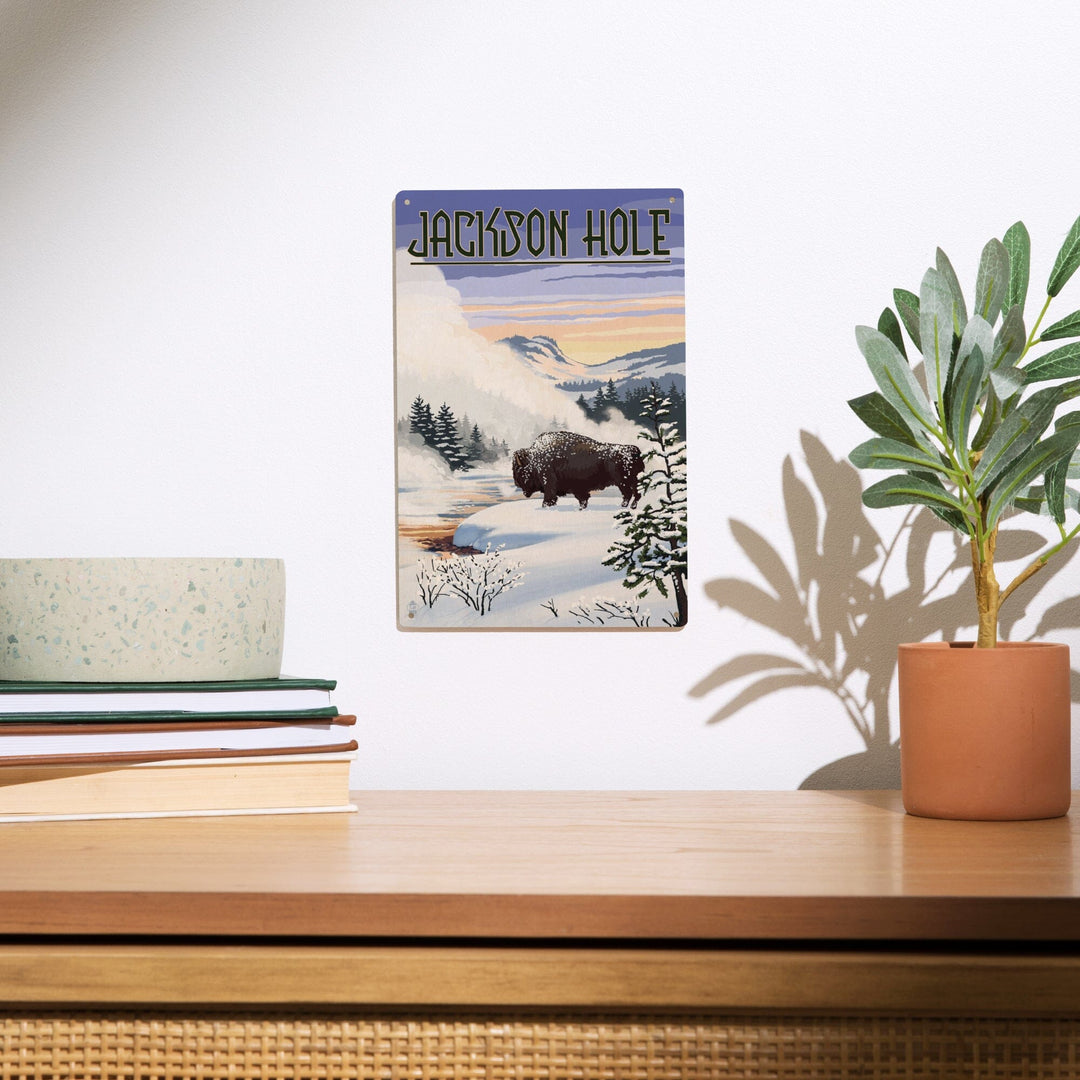 Jackson Hole, Wyoming, Bison Snow Scene, Lantern Press Artwork, Wood Signs and Postcards - Lantern Press