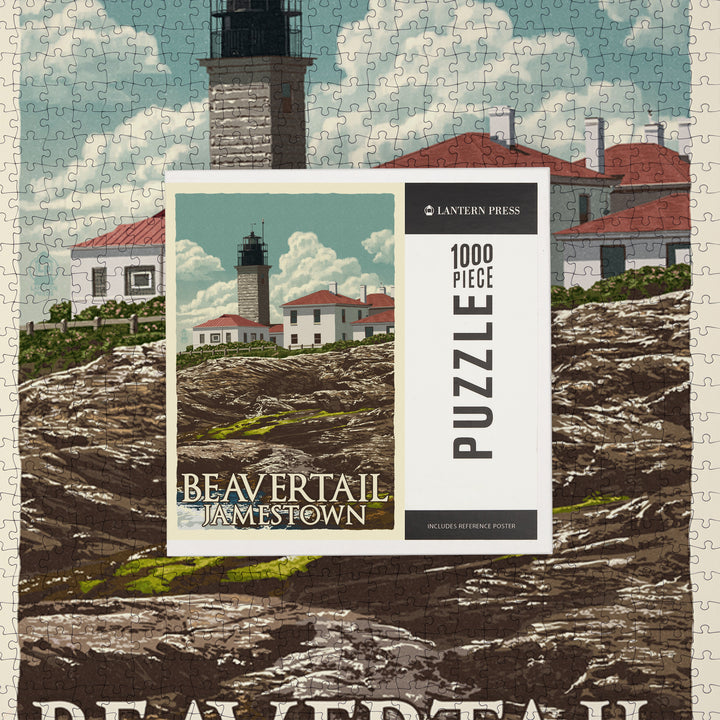 Jamestown, Rhode Island, Beavertail Lighthouse, Letterpress, Jigsaw Puzzle Puzzle Lantern Press
