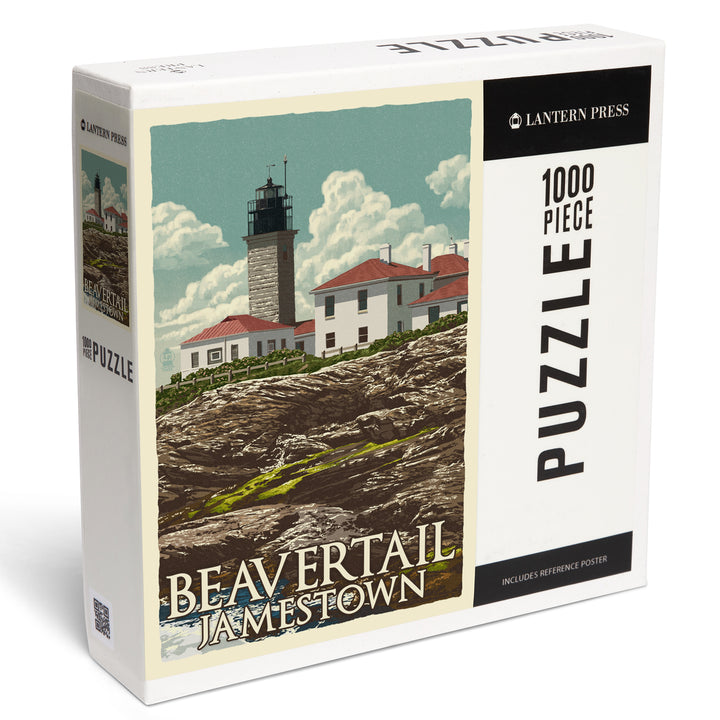 Jamestown, Rhode Island, Beavertail Lighthouse, Letterpress, Jigsaw Puzzle Puzzle Lantern Press