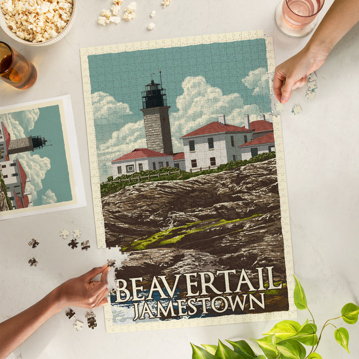 Jamestown, Rhode Island, Beavertail Lighthouse, Letterpress, Jigsaw Puzzle Puzzle Lantern Press