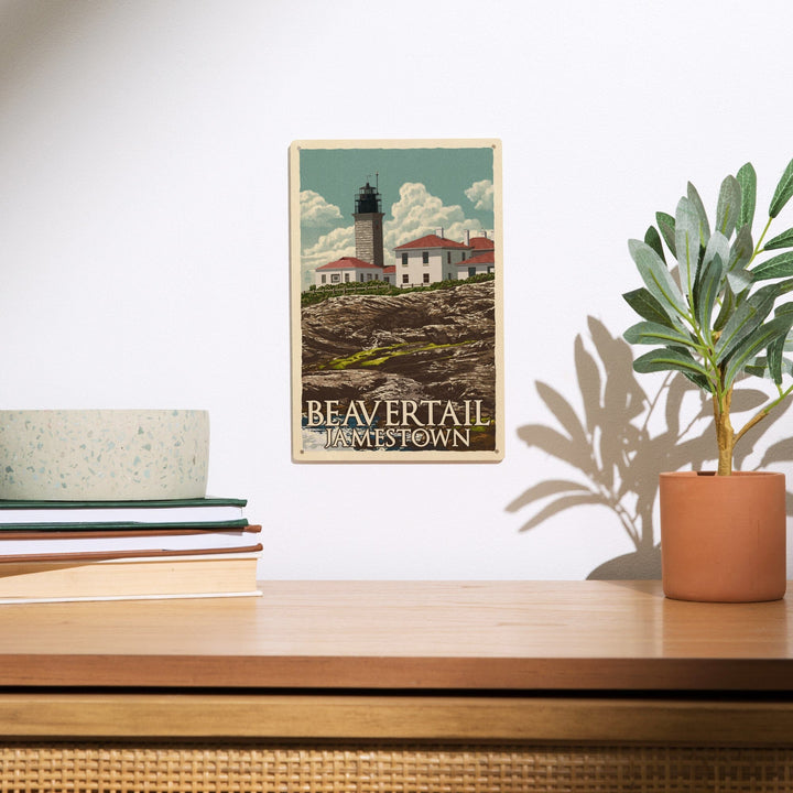 Jamestown, Rhode Island, Beavertail Lighthouse, Letterpress, Lantern Press Artwork, Wood Signs and Postcards - Lantern Press