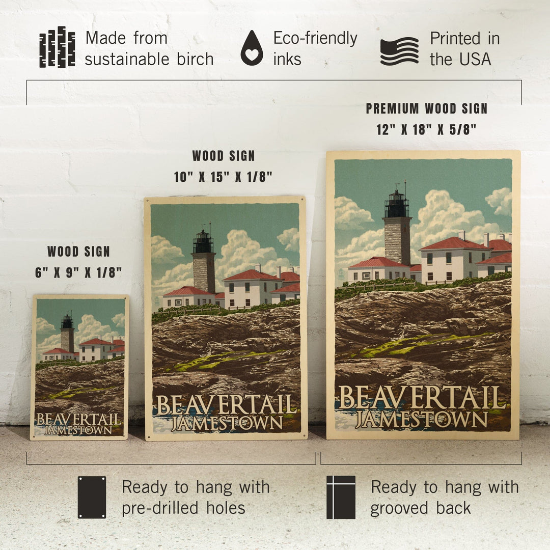 Jamestown, Rhode Island, Beavertail Lighthouse, Letterpress, Lantern Press Artwork, Wood Signs and Postcards - Lantern Press