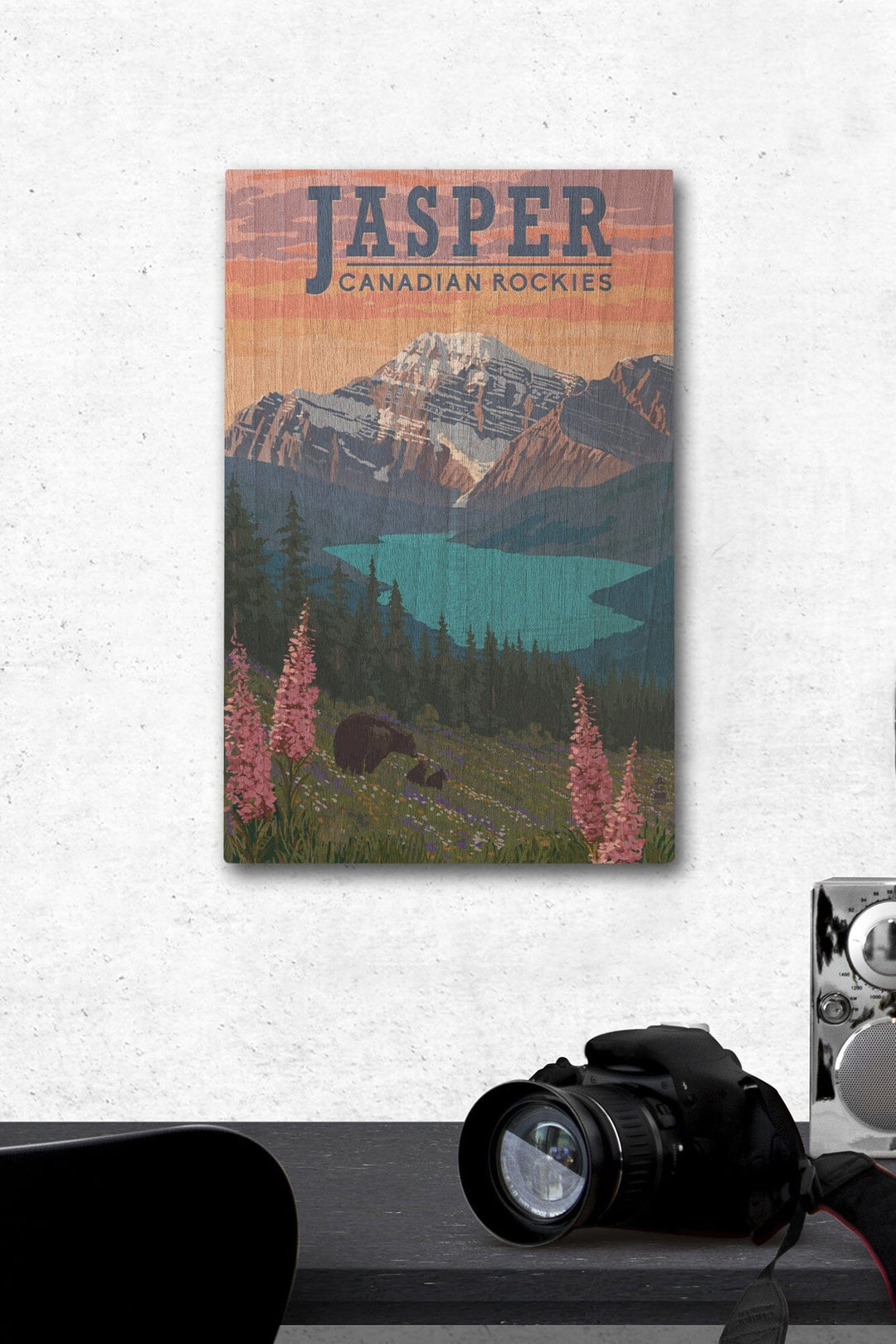 Jasper, Canada, Bear & Spring Flowers, Lantern Press Artwork, Wood Signs and Postcards - Lantern Press