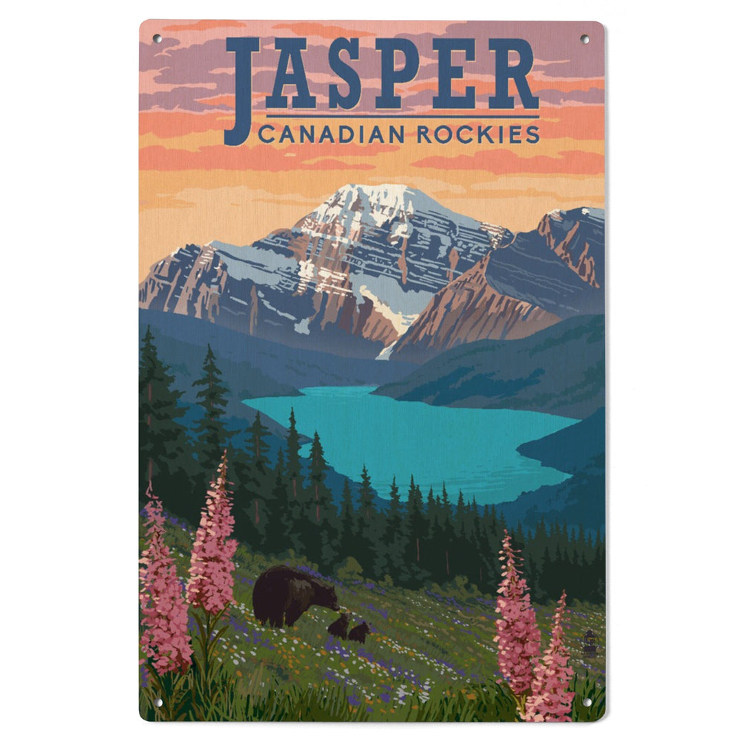 Jasper, Canada, Bear & Spring Flowers, Lantern Press Artwork, Wood Signs and Postcards - Lantern Press