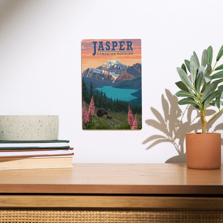 Jasper, Canada, Bear & Spring Flowers, Lantern Press Artwork, Wood Signs and Postcards - Lantern Press