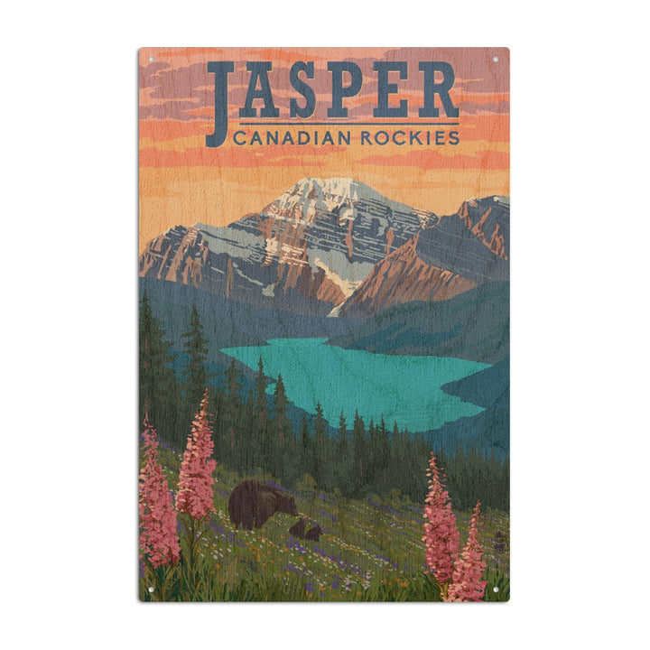 Jasper, Canada, Bear & Spring Flowers, Lantern Press Artwork, Wood Signs and Postcards - Lantern Press