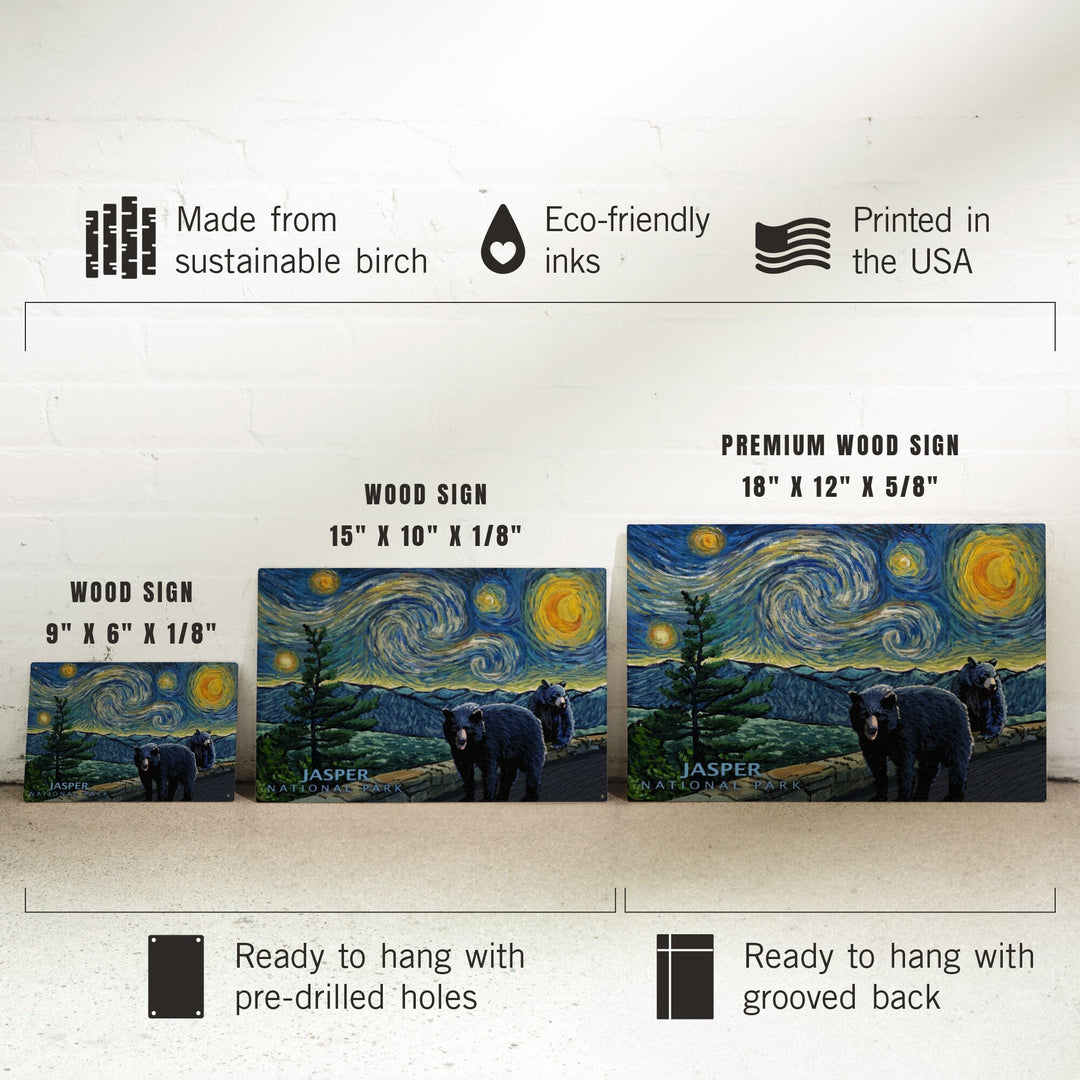 Jasper, Canada, Black Bears, Starry Night, Lantern Press Artwork, Wood Signs and Postcards - Lantern Press