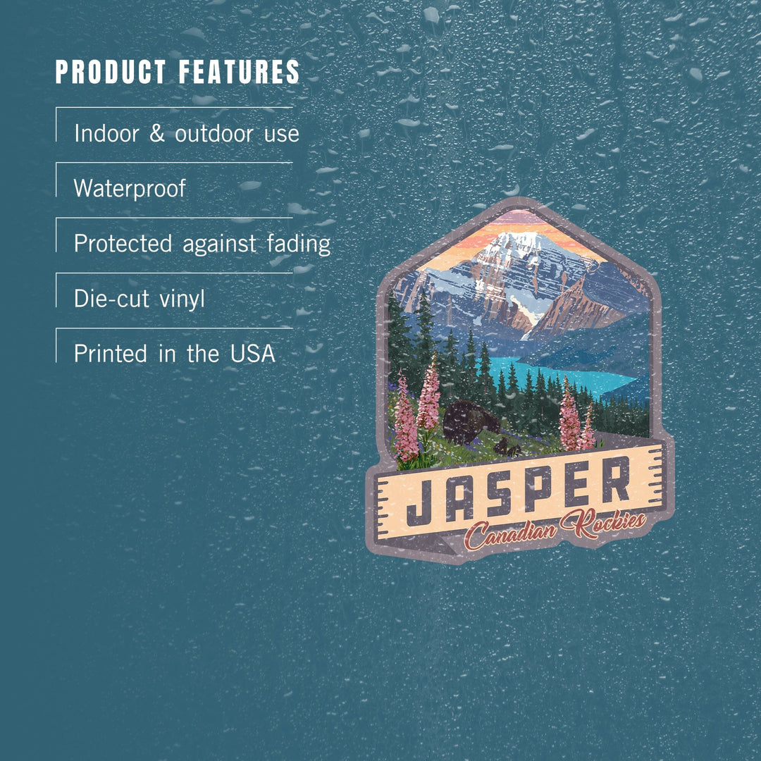 Jasper, Canada, Canadian Rockies, Bear & Spring Flowers, Contour, Lantern Press Artwork, Vinyl Sticker - Lantern Press
