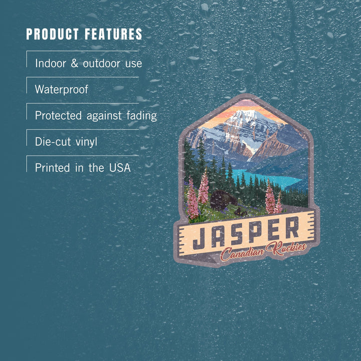 Jasper, Canada, Canadian Rockies, Bear & Spring Flowers, Contour, Lantern Press Artwork, Vinyl Sticker - Lantern Press