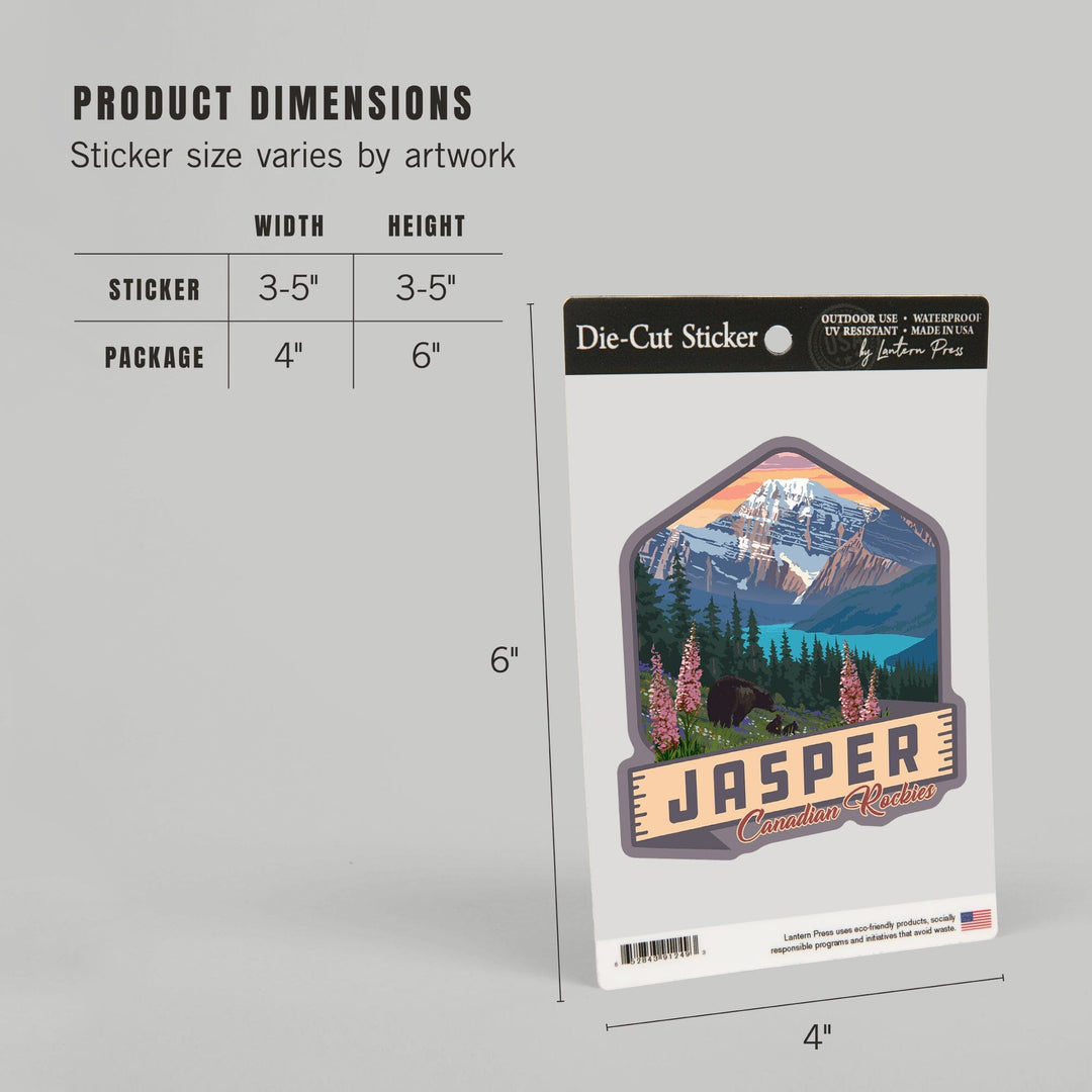Jasper, Canada, Canadian Rockies, Bear & Spring Flowers, Contour, Lantern Press Artwork, Vinyl Sticker - Lantern Press