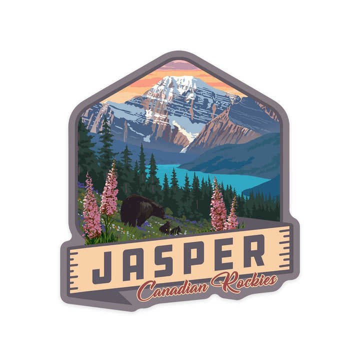 Jasper, Canada, Canadian Rockies, Bear & Spring Flowers, Contour, Lantern Press Artwork, Vinyl Sticker - Lantern Press