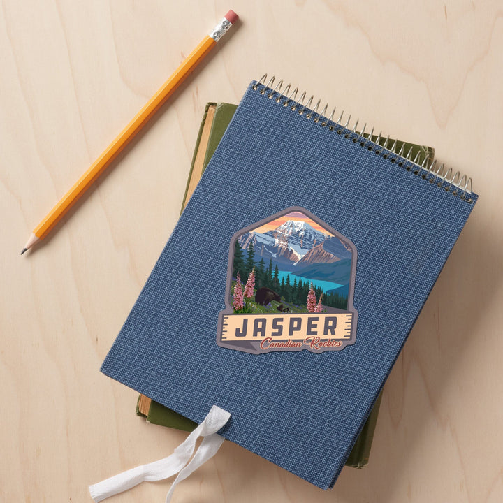 Jasper, Canada, Canadian Rockies, Bear & Spring Flowers, Contour, Lantern Press Artwork, Vinyl Sticker - Lantern Press