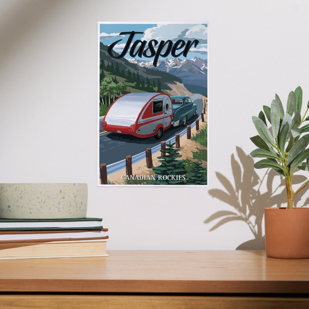 Jasper, Canada, Canadian Rockies, Retro Camper, Art & Giclee Prints - Lantern Press