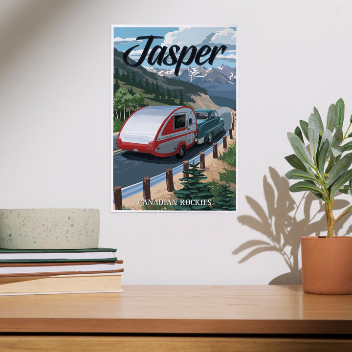 Jasper, Canada, Canadian Rockies, Retro Camper, Art & Giclee Prints - Lantern Press