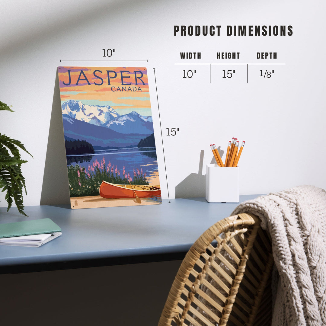 Jasper, Canada, Lake Scene & Canoe, Lantern Press Artwork, Wood Signs and Postcards - Lantern Press