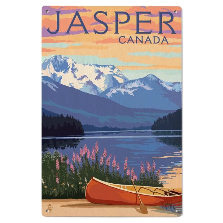 Jasper, Canada, Lake Scene & Canoe, Lantern Press Artwork, Wood Signs and Postcards - Lantern Press