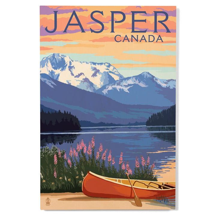 Jasper, Canada, Lake Scene & Canoe, Lantern Press Artwork, Wood Signs and Postcards - Lantern Press