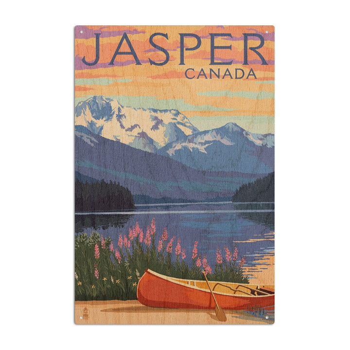 Jasper, Canada, Lake Scene & Canoe, Lantern Press Artwork, Wood Signs and Postcards - Lantern Press