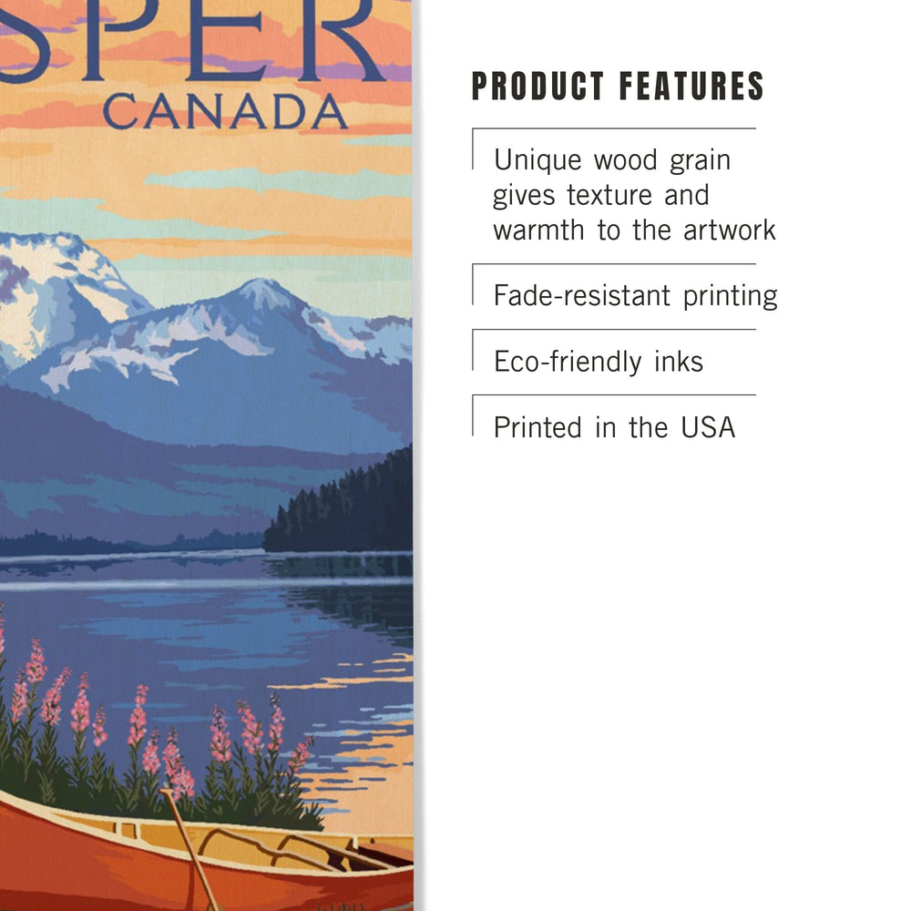 Jasper, Canada, Lake Scene & Canoe, Lantern Press Artwork, Wood Signs and Postcards - Lantern Press