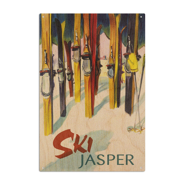 Jasper, Canada, Ski, Colorful Skis, Lantern Press Artwork, Wood Signs and Postcards - Lantern Press